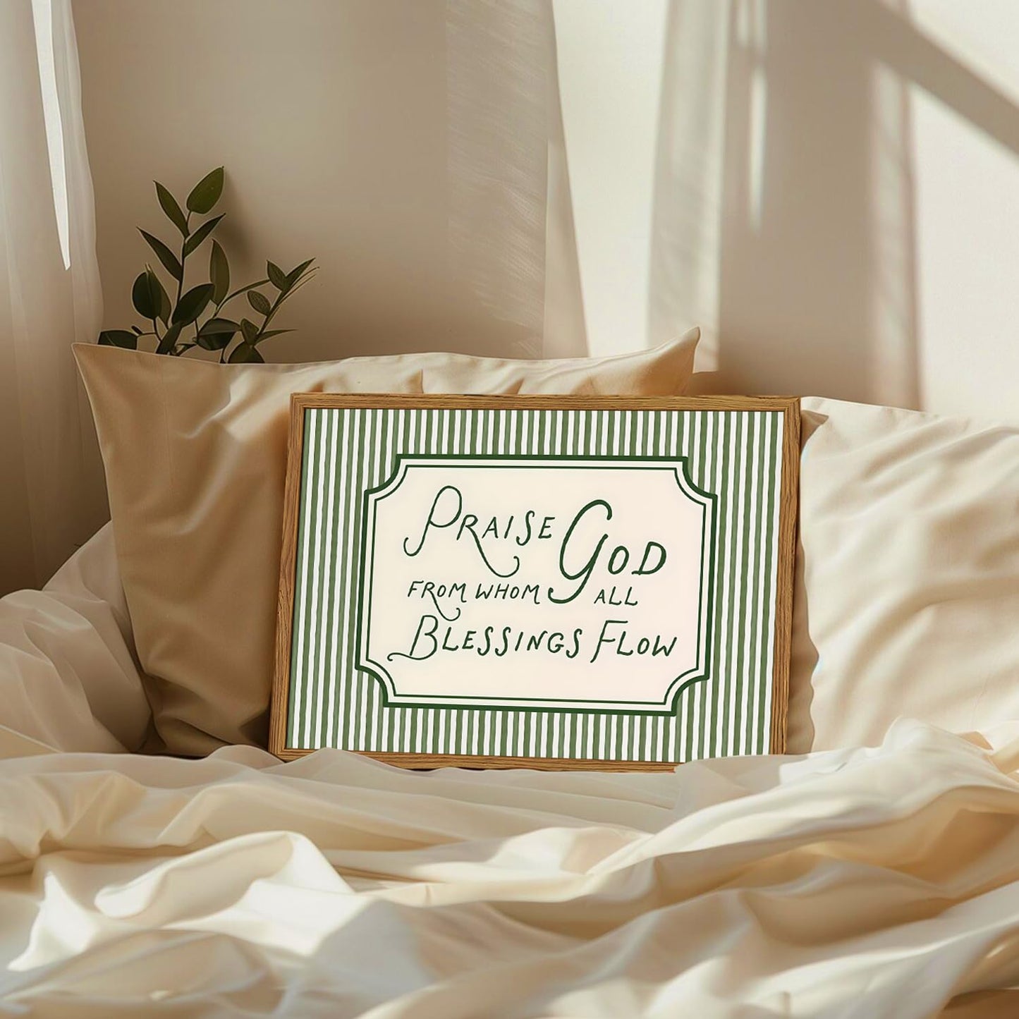 Framed Christian Scripture Wall Art, Bible Verse Pictures Wall Decor, Sage Green Striped Praise God From Whom All Blessings Flow Paintings Canvas Prints Religious Home Decor for Living Room 12x16 inch