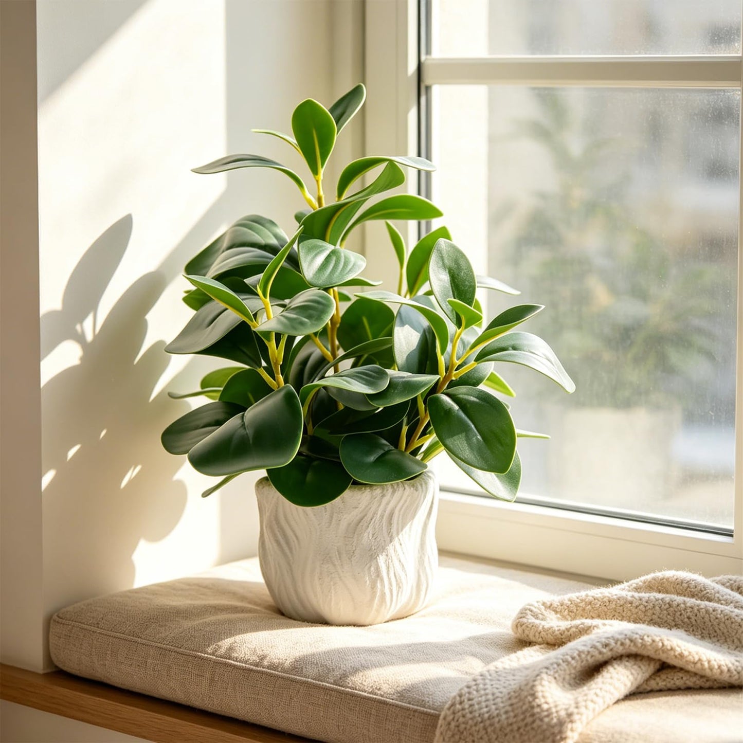 14" Artificial Potted Plant with Thick Leaves in White Textured Pot