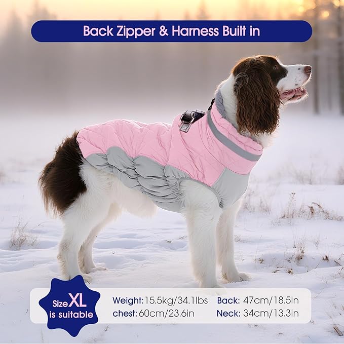 FUAMEY Dog Coat for Large Dogs,Waterproof Dog Winter Jacket with Harness Built in Puppy Cold Weather Coats Reflective Pet Vest with Zipper Warm Fleece Dogs Snowsuit Windproof Pink XL