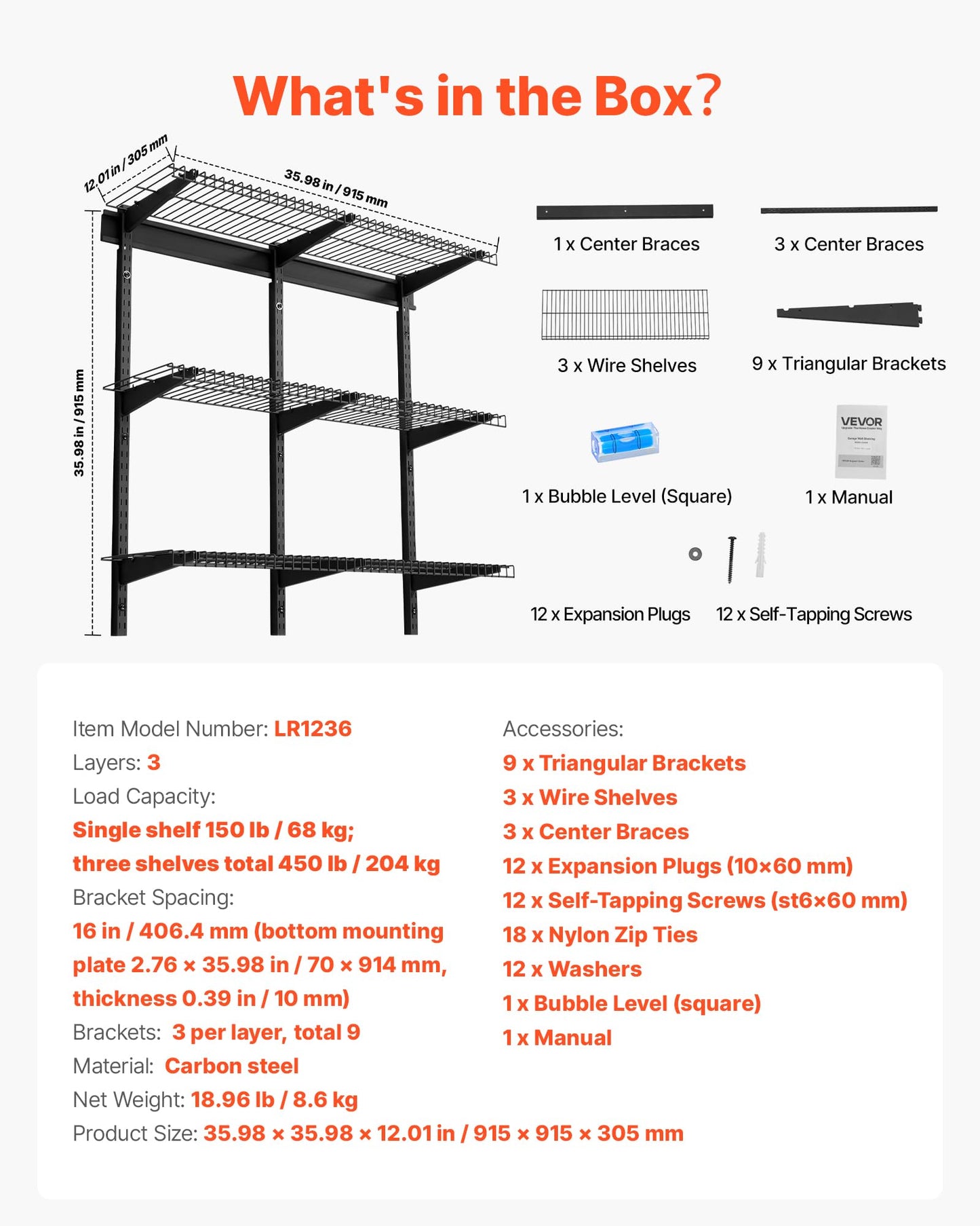 VEVOR 3-Tier Heavy Duty Wall Garage Shelving, 1 x 3 ft Steel Wall Mounted Shelving Unit, 11 x 36 Inch Per Shelf Floating Storage Metal Rack for Garage with 450 lbs Total Weight Capacity, Black