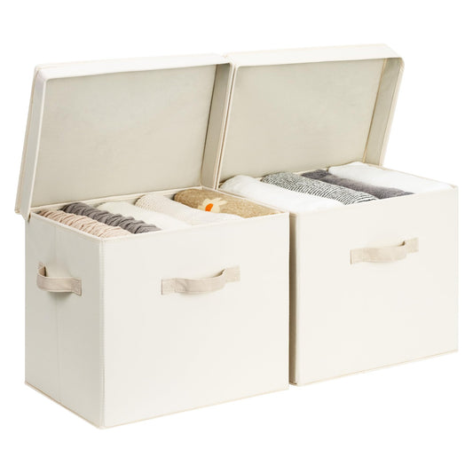 StorageWorks Storage Bins with Lid, Decorative Fabric Storage Bins with Handles, Stackable Closet Organizers for Shelves and Bedroom, Large, Beige(Cotton Linen), 2-Pack