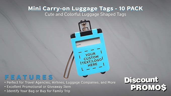 10 Mini Carry-on Luggage Tags Pack - Customizable Text, Logo - Flip Open Cover, ID Sticker - Light Blue