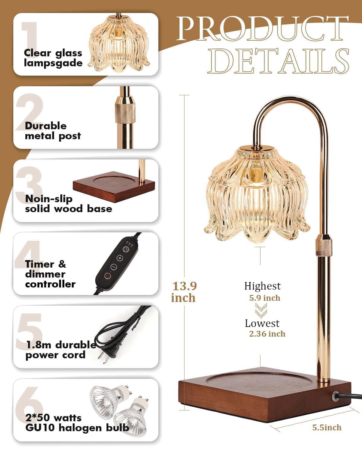 Clear Crystal Candle Warmer Lamp with Timer & Dimmer, Candle Warmer Adjustable Height, Christmas Birthday Gifts for Women Mom, House Warming New Home Bedroom Decor, Flower Wax Warmer for Jar Candle
