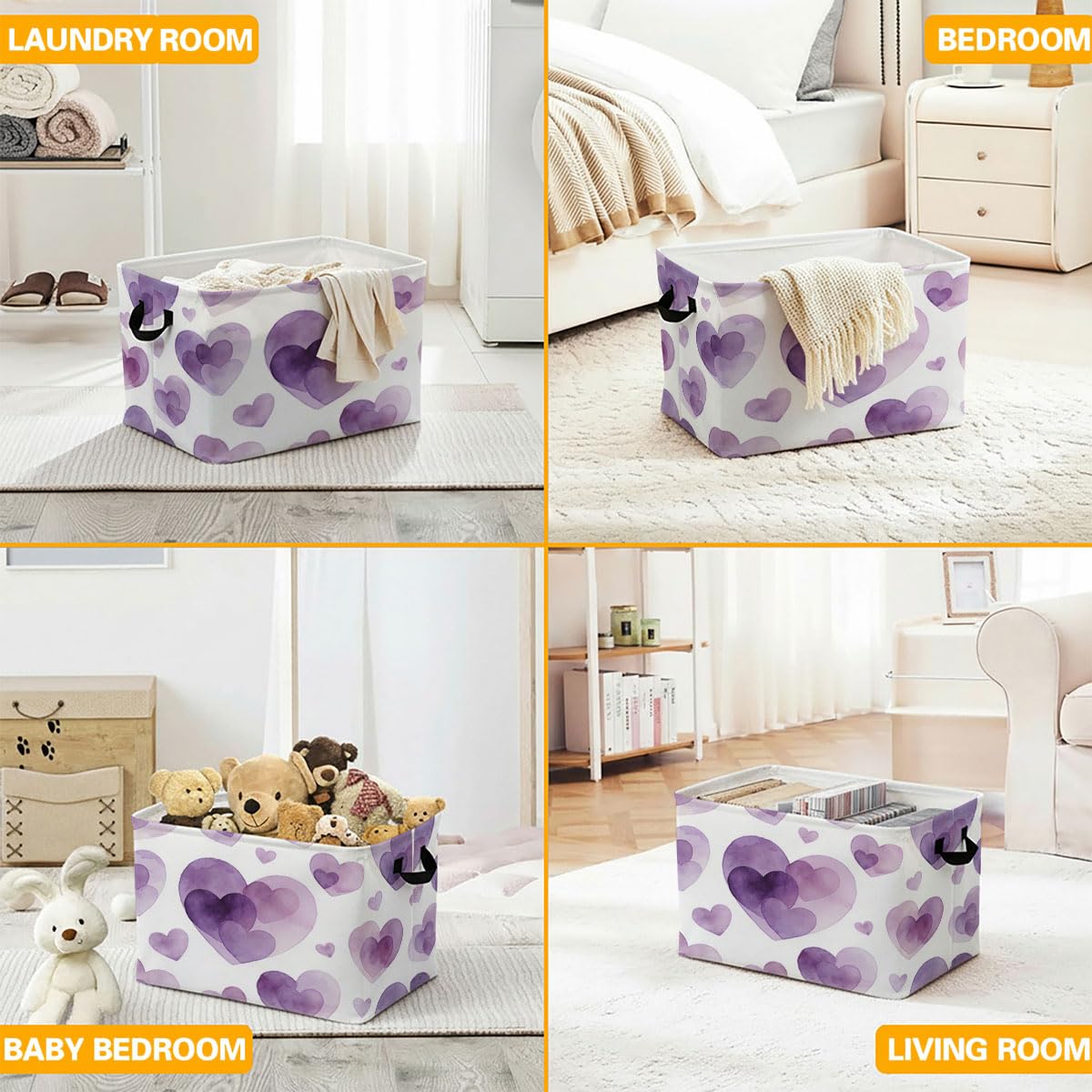 56L Purple Heart Foldable Square Laundry Hamper with Handles – Large Clothes, Blanket & Toy Storage Basket for Home Organization.