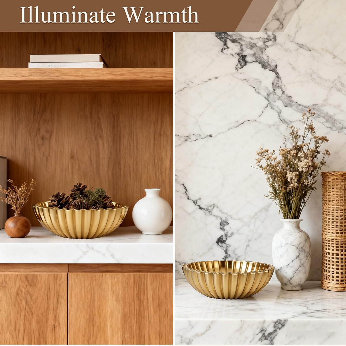 ZJSYTQS Large Modern Ruffle Bowls, Artificial Stone Decorative Catch All Bowl for Kitchen Counter and Entryway Table, Handcrafted Fruit Bowls and Key Bowl for Home Decor(Golden)