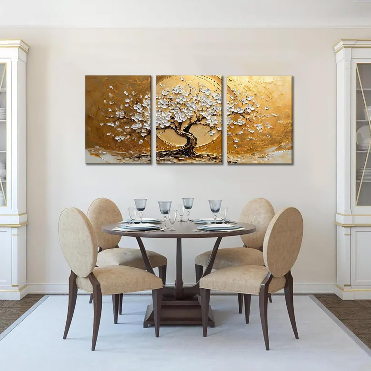 RZIGERNO 3 Pcs Tree of Life Canvas Wall Art Gold White Floral Poster Printing Lucky Tree Money Tree Framed Painting Artwork 16x24 Inch Modern Abstract Wall Decor for Living Room Bedroom Office