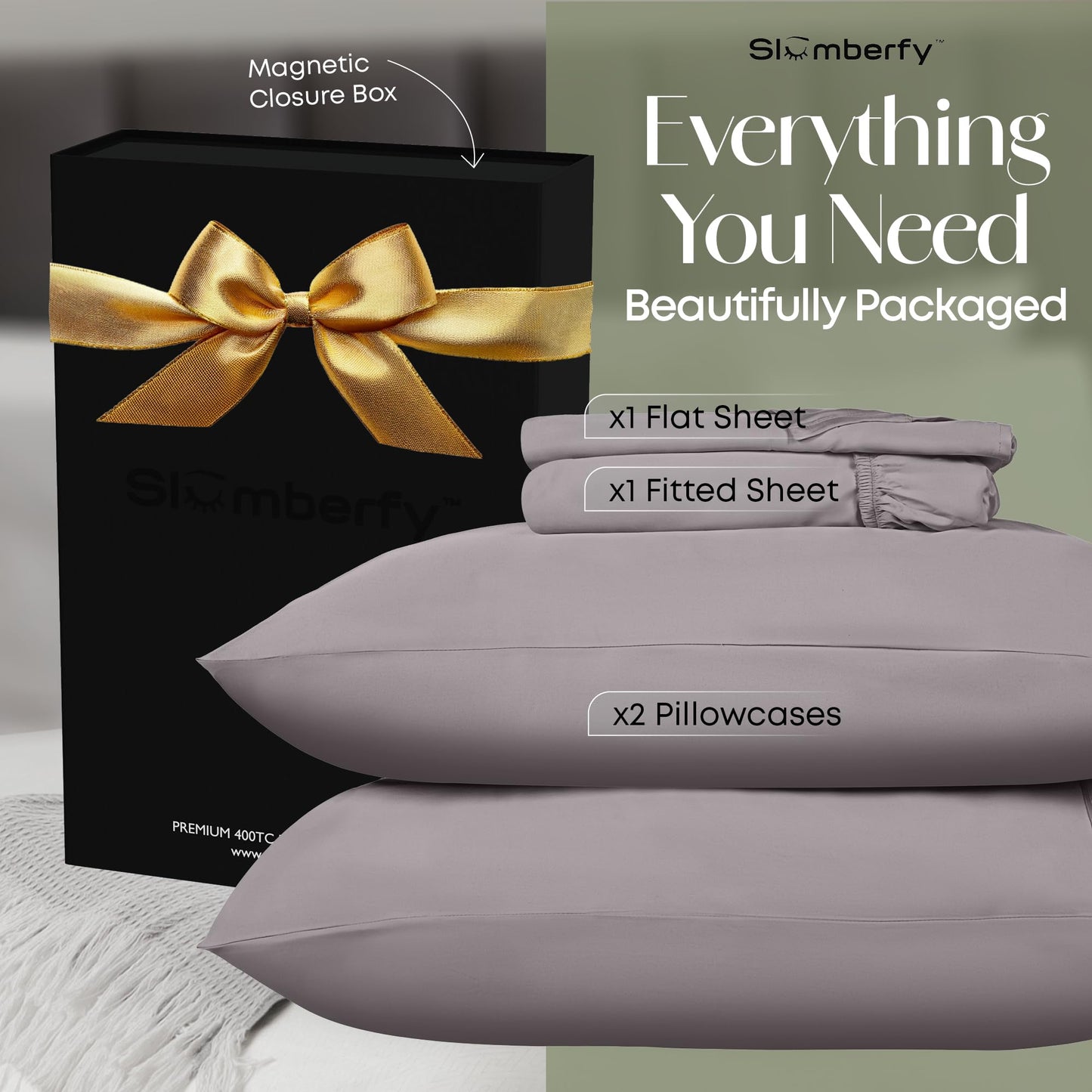 Slumberfy 4-Piece 400 TC Viscose Derived from Bamboo Sheets, King Size - 1 Fitted, 1 Flat, 2 Pillow Cases - Deep Pocket Cooling Viscose-Bamboo Bed Sheets in Magnetic Closure Gift Box, Grey
