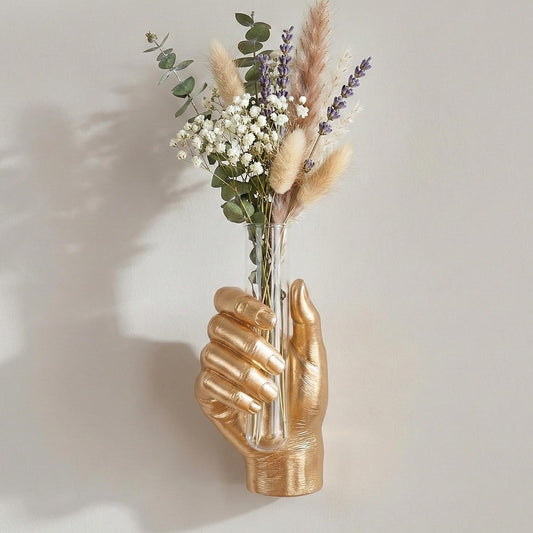 Gold Wall Art Decor Hand Vase, Unique 3D Wall Sculptures Mount Vases for Flowers, Contemporary Gallery Art Whimsical Home Indoor Outdoor Decor Accent, Dimensional Hand Sculpture, Glass Test Tube