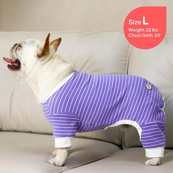 KYEESE Dog Pajamas Soft 4 Legs Doggie Jammies Striped Dog PJS Pet Jumpsuit Lightweight Puppy PJS Clothes Breathable Pajamas Stretchable Outfit Cozy Onesie Sleepwear for Summer,Purple Striped, Small