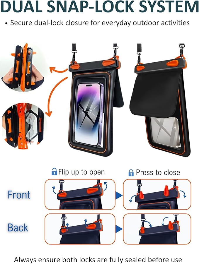 2 Pack Floating Phone Pouch with Dual Compartments, IPX8 Rated Waterproof Case for Rain, Beach, Boating & Kayaking, Clear Touch Screen, Fits Phones Up to 8.5”(Black-White)