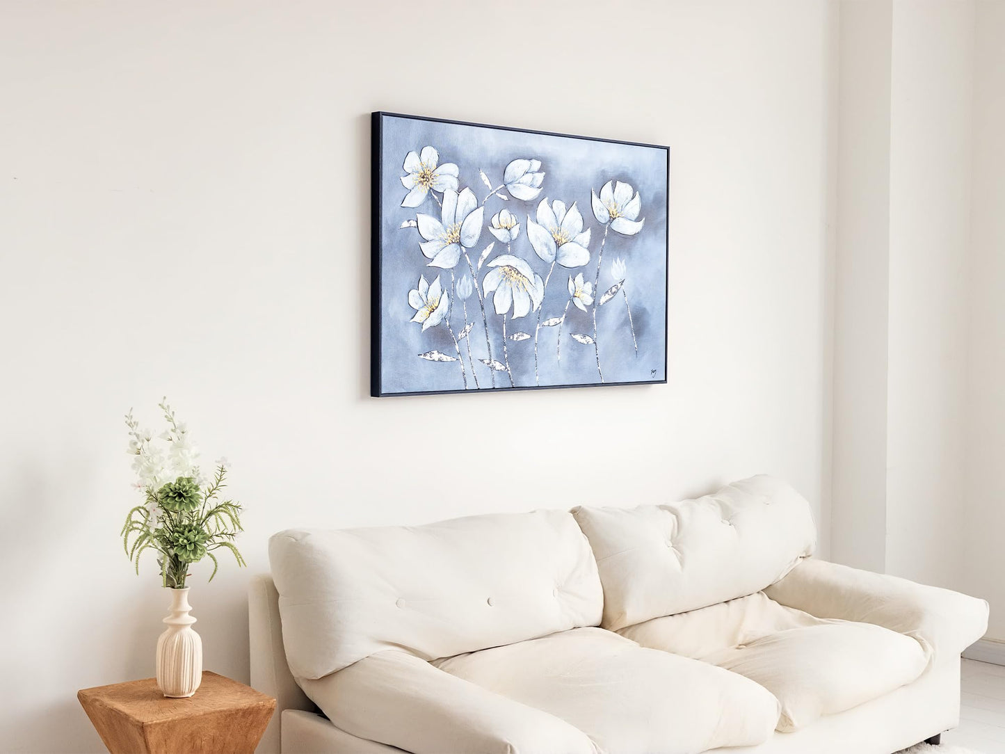 Eonzeun Hand Painted Textured White Floral Oil Painting, 24x36 Inch Wood Framed Canvas Wall Art, Modern Luxury Home Decor for Living Room Bedroom