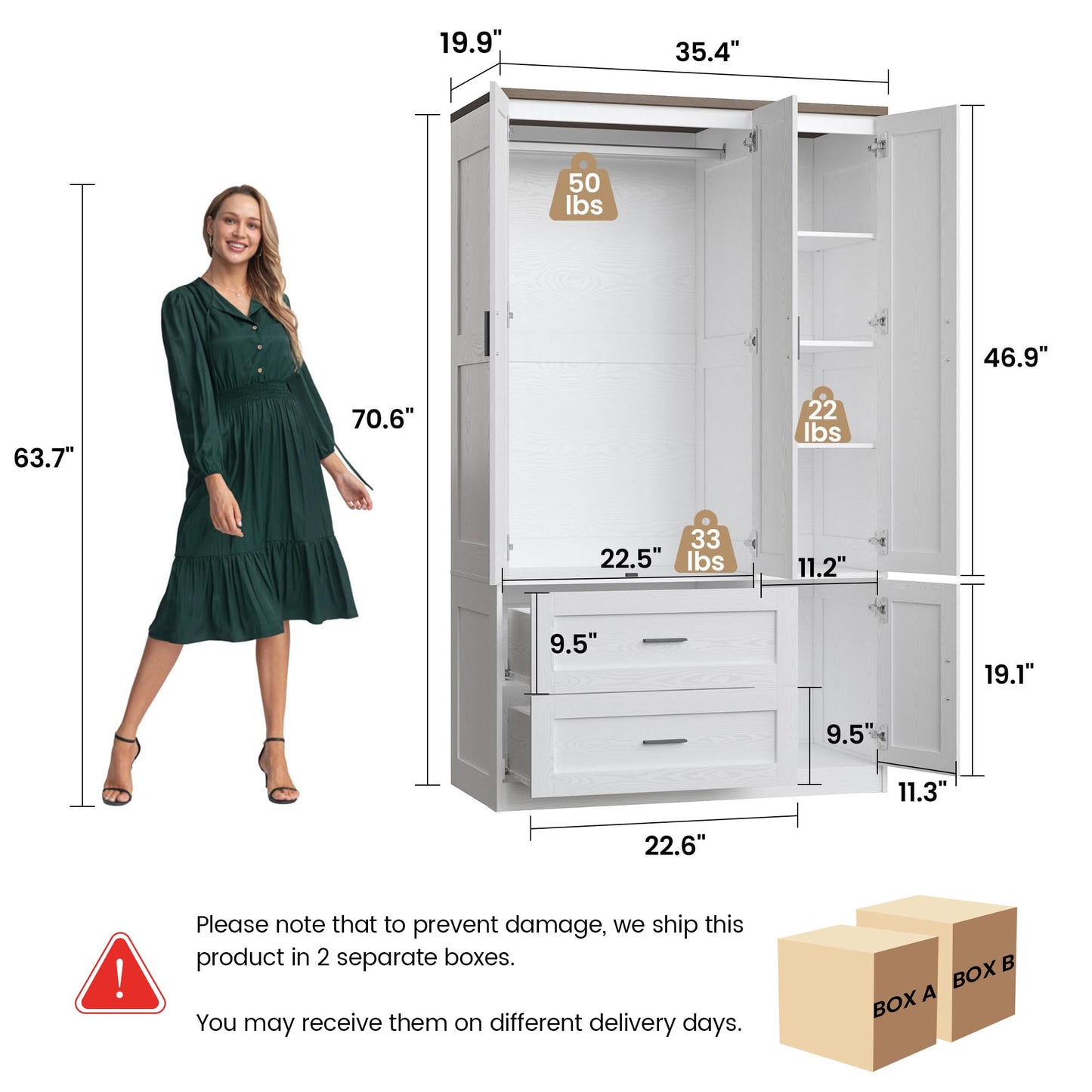 ANCTOR Freestanding Wardrobe Closet 70.6" H, Tall Armoire Wardrobe Closet 3 Doors with Hanging Rod, Drawers, Adjustable Cube Shelves and a Closed Cabinet Organizer Modern Bedroom Clothes Cabinet