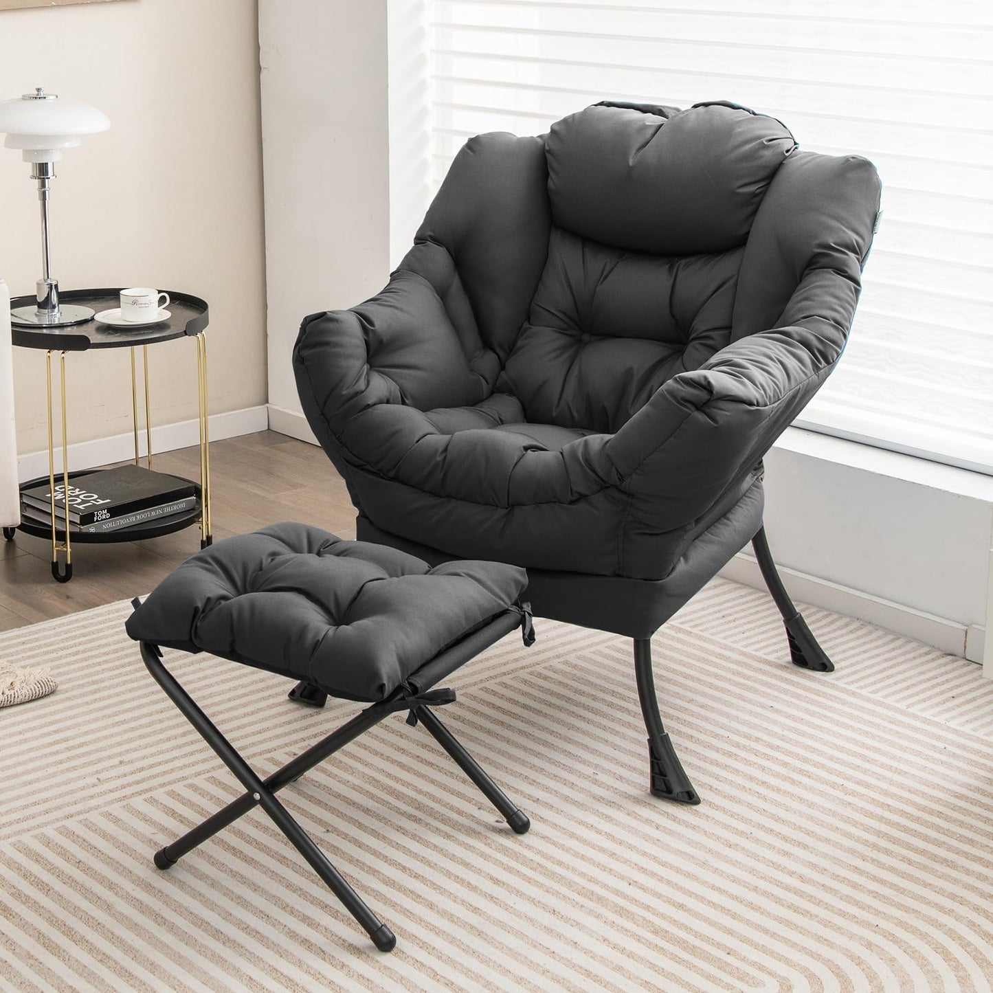 GOFLAME Lazy Chair with Ottoman, Modern Large Accent Chair with Folding Footrest, Head Pillow, Armrests and Side Storage Pocket, Upholstered Reading Chair for Living Room, Bedroom, Office, Grey