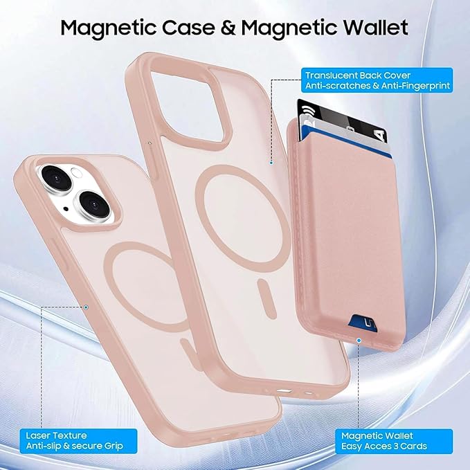 Ntwinro Magnetic for iPhone 14 Plus & iPhone 15 Plus Case (Compatible with MagSafe) with Detachable Wallet & Card Holder for 3 Cards [RFID Blocking] Military Grade Protective Slim Phone Cover, Pink