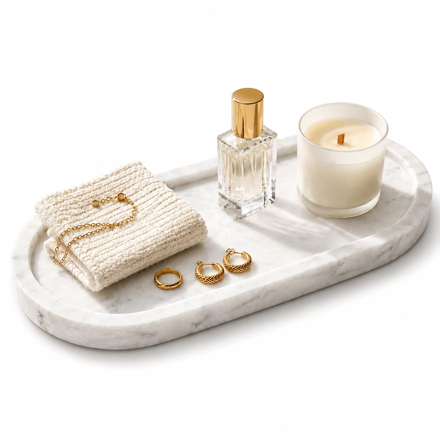 WORHE Natural Marble Vanity Tray Waterproof Italy Stone Bathroom Organizer for Perfume, Candles & Jewelry Non-Slip Oval Storage Tray for Spa, Bedroom, Kitchen 9.8" x 4.5" White (BH101)