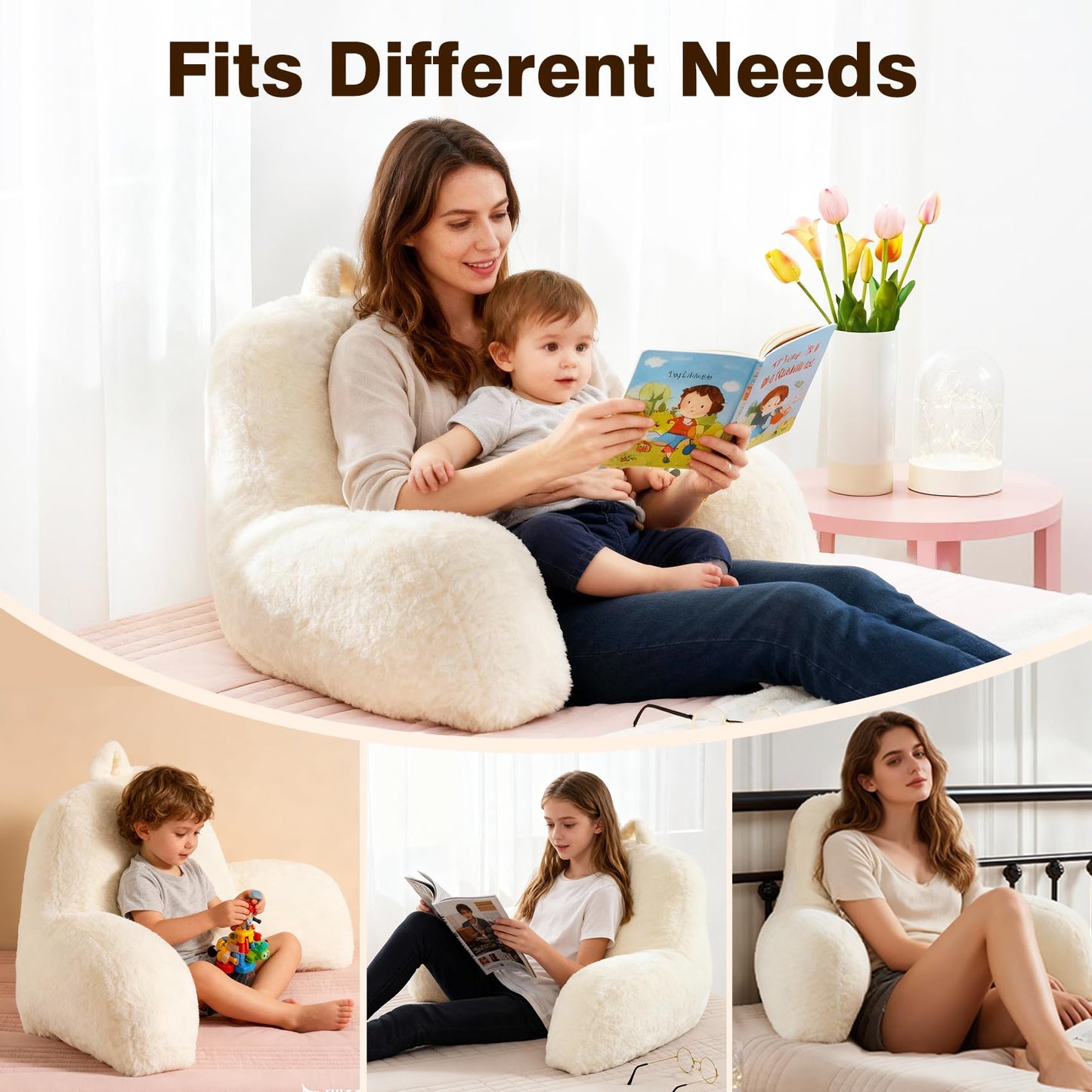 Jillche Bed Faux Fur Reading Pillow for Bed/Couch/Floor/Dorm, Great Cozy Back Pillow for Bed Sitting Up, Fluffy Fur Bed Pillow for Sitting Up for Adults/Teens/Kids, Upgrade Back Support Pillow, Ivory