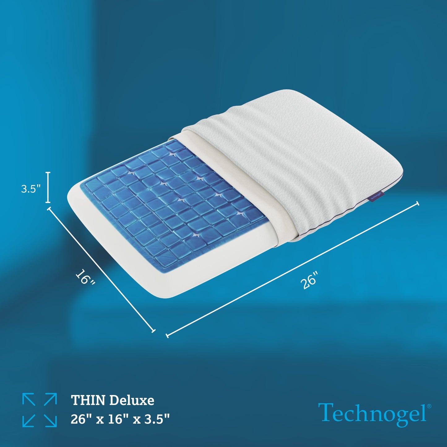 Technogel Deluxe Cooling Gel Pillow - Innovative Cool Gel Pillow with Comfortable Support Structure for Side, Back and Stomach Sleeper, Slim Standard Dimension with Washable Cover, 3.5" (Thin)