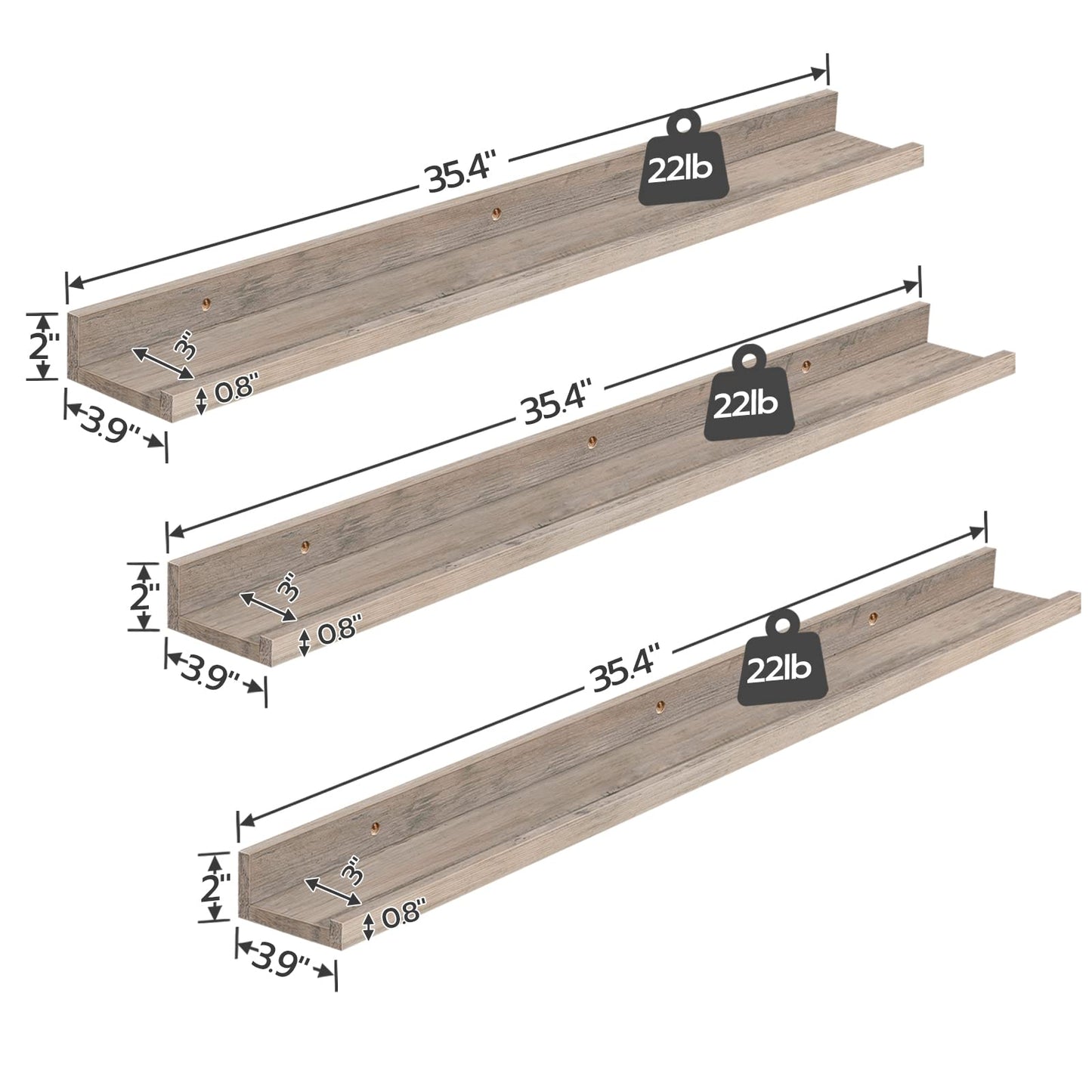 HOOBRO Floating Shelves, Wall Shelf Set of 3, 35.4 Inches Hanging Shelf with Raised Edge and Invisible Brackets, for Bathroom, Bedroom, Kitchen, Office, Living Room Decor, Greige BG90BJ01