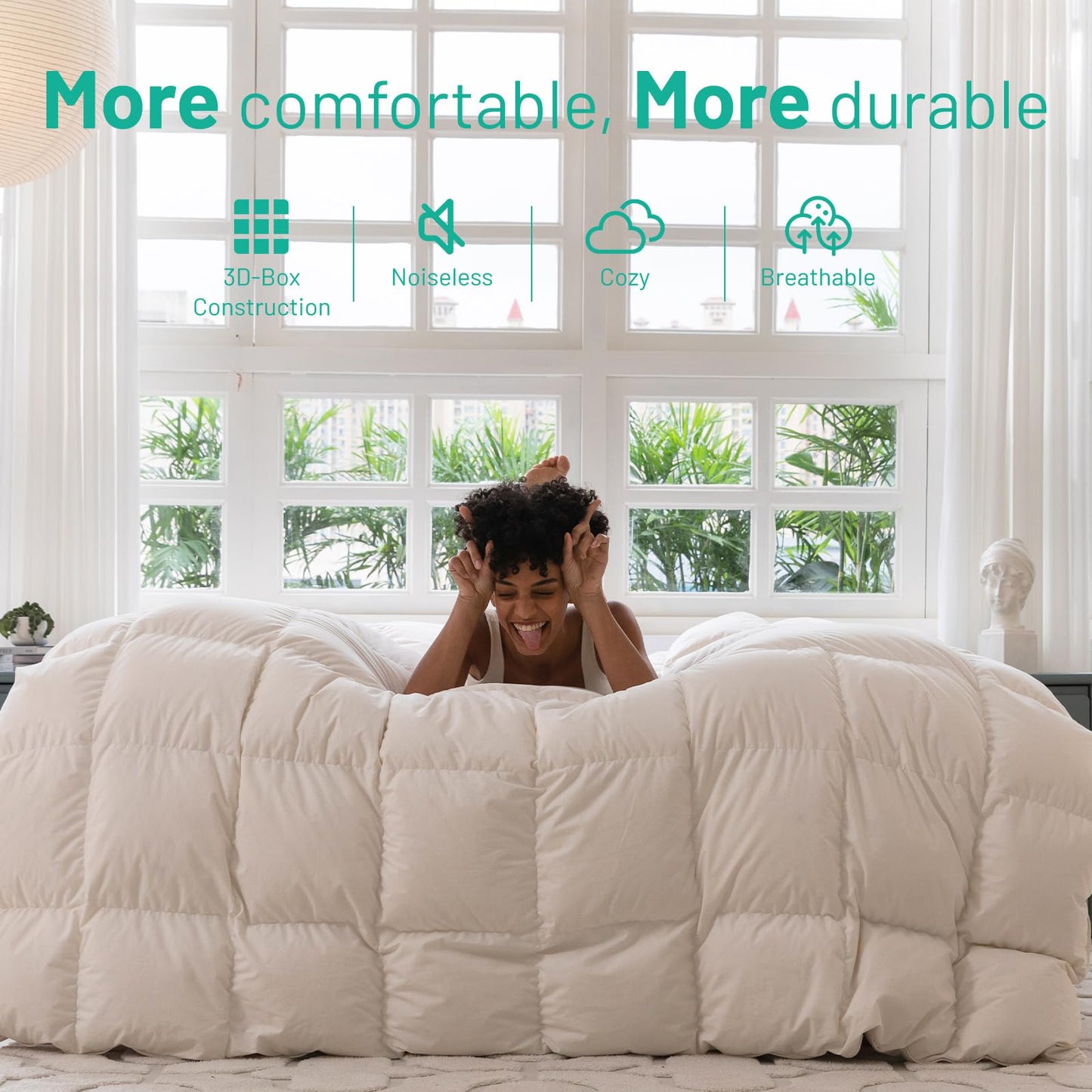 Three Geese Down Feathers Fiber Comforter Queen Size - 750 Fill Power All Season Down Duvet Insert, Ultra-Soft Hotel Collection Bedding Comforter, Baffle-Box Design - Noiseless - Medium Warmth.