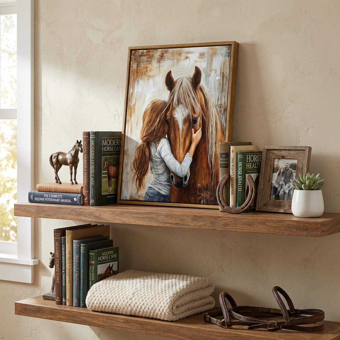 Framed Horse Canvas Wall Art Girl and Horse Rustic Farmhouse Equestrian Pictures Wall Decor for Girls Bedroom, Western Country Art for Living Room Study (8x10in)