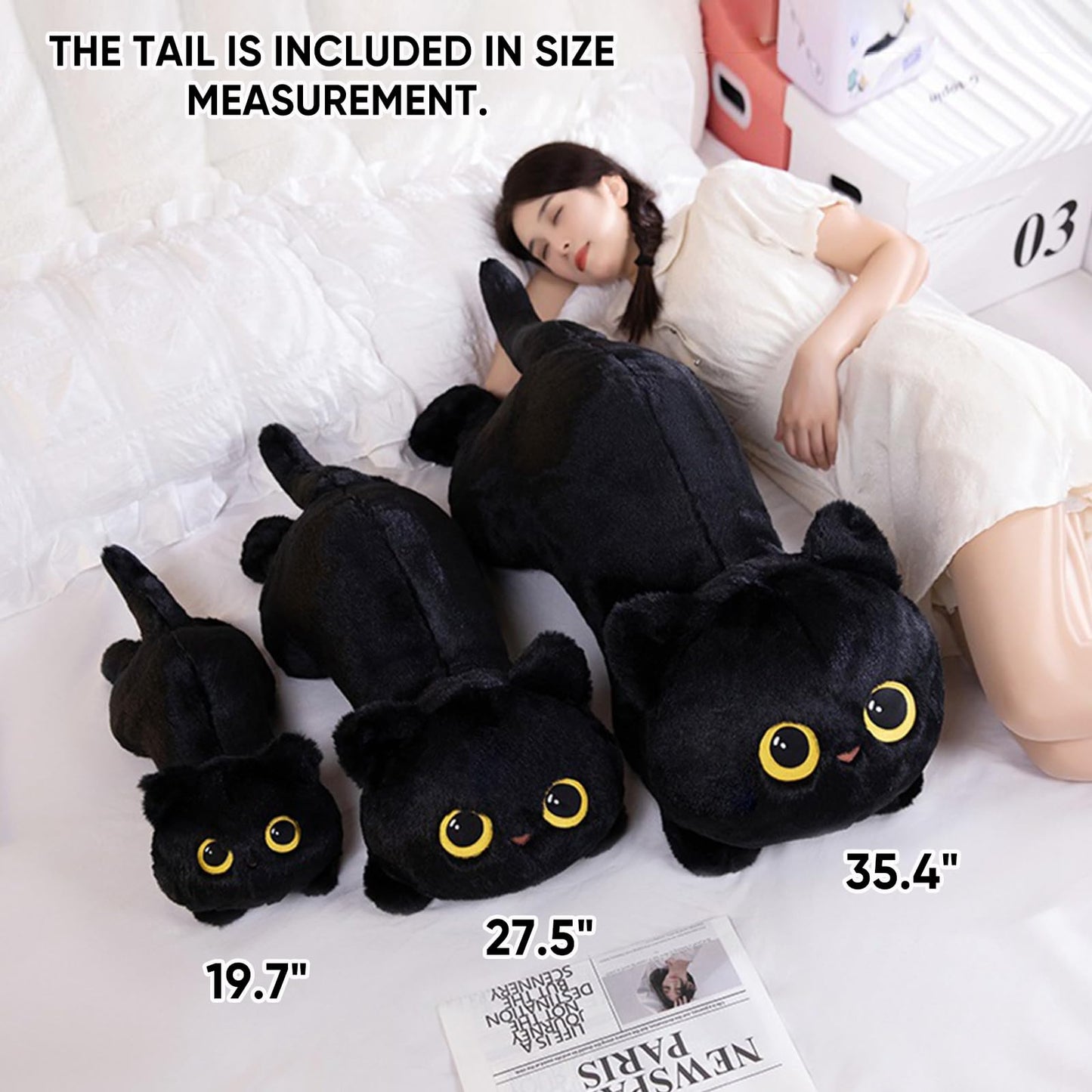 PEACH CAT 27.5" Long Cat Plush Pillow Cute Kitten Stuffed Animals Plushies Toy Gifts for Kids Black