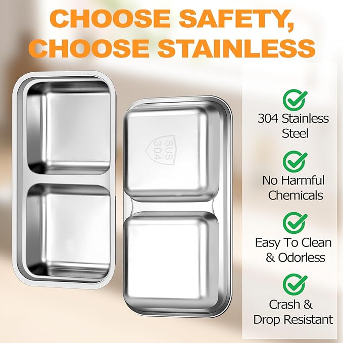 vovoyager Stainless Steel Snack Containers with Lids, Reusable Bento Lunch Container Box, Food Storage, Leak Proof, Dishwasher-Safe, Grab and Go for Work, 2 Pack-Double Compartment
