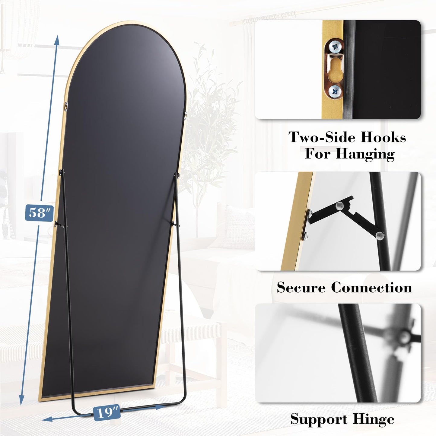 DUMOS Arched Full Length Mirror with Stand Floor Free Standing Aluminum Frame for Bedroom Body Hanging Leaning Modern Simple Home Decor Shatter-proorf Nano Glass Wall Gold 58"x19"