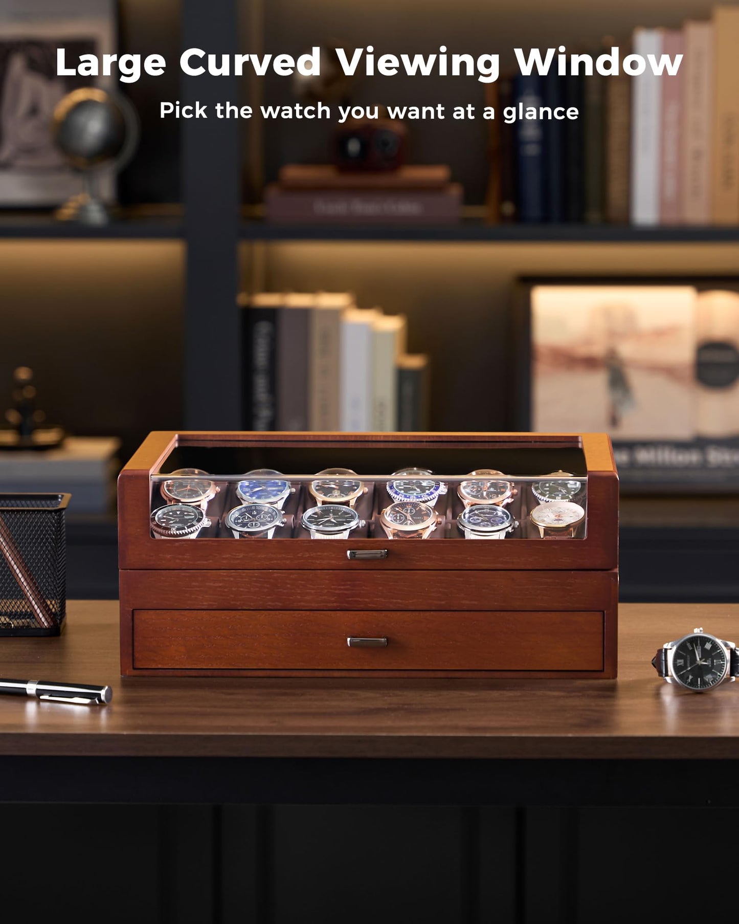 ProCase High End Wooden Watch Box for Men, 2-Layer Wood Watch Display Case Men's Jewelry Organizer Box with Drawer, Fathers Day Gift -12 Slot, Walnut