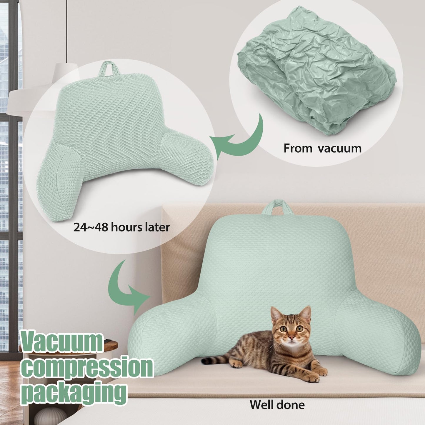 xffzroom Reading Pillow, Ice Silk Bean Back Support Pillow for Bed Sitting Up, Large Bed Rest Pillow with Arms for Adults,Back Support for Couch and Chair, Green