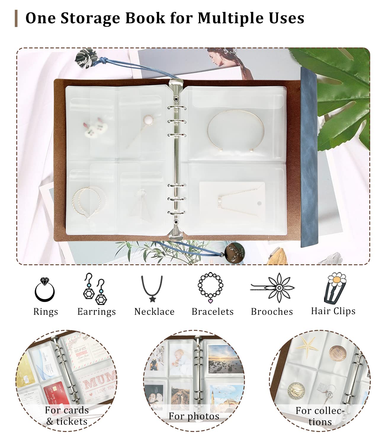 Jewelry Storage Book, PU Leather Travel Jewelry Organizer with Anti-drop Pockets, Portable Earrings Booklet with Transparent Jewelry Bags for Rings, Postcard(70 Grids+70 Anti Oxidation PVC Bags)