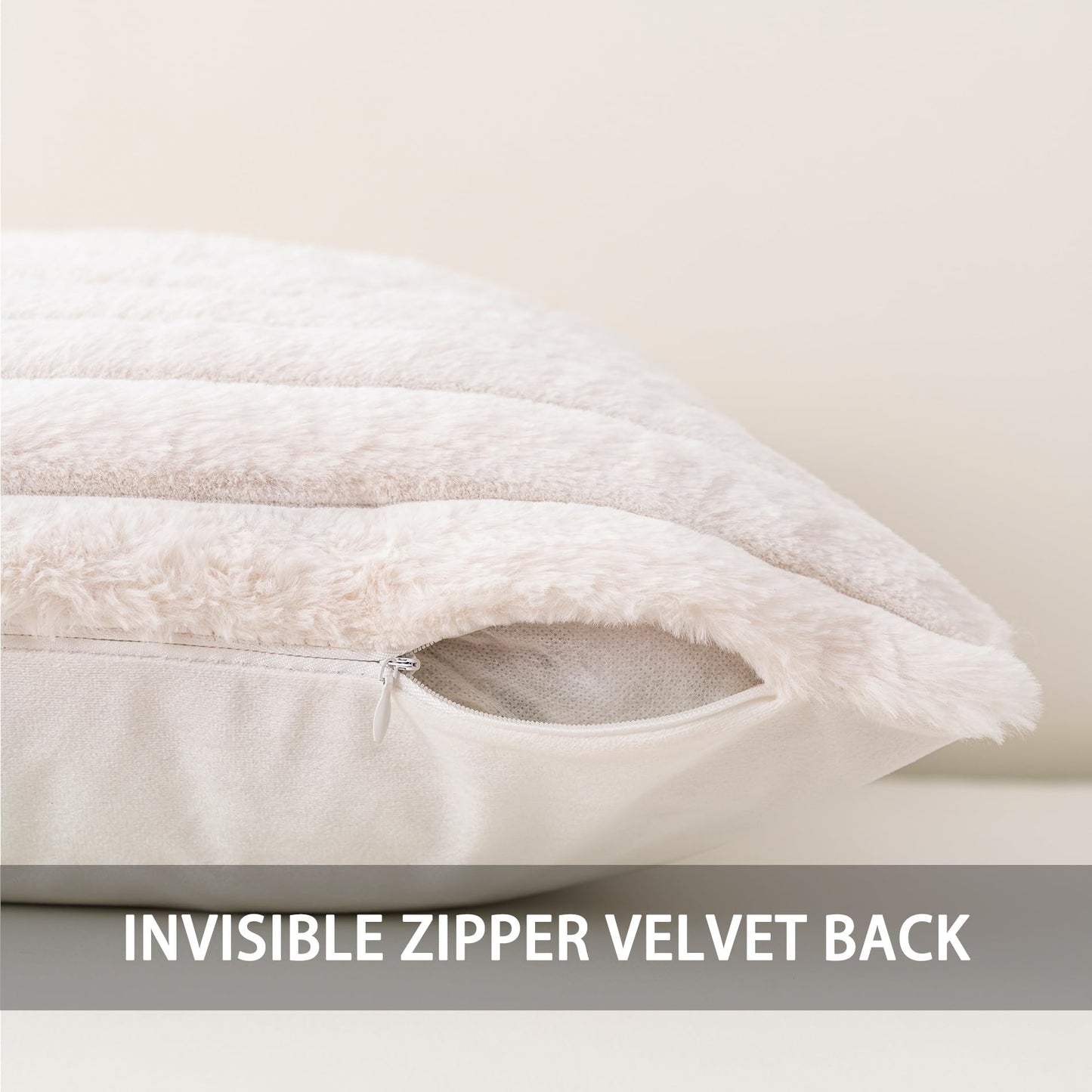 Aegero Pack of 2 Faux Fur Fall Throw Pillow Covers 22x22 Inch, Soft Plush Striped Neutral Couch Pillow Cover, with Velvet Back Modern Home Decor for Sofa Living Room Couch Bed Cream White