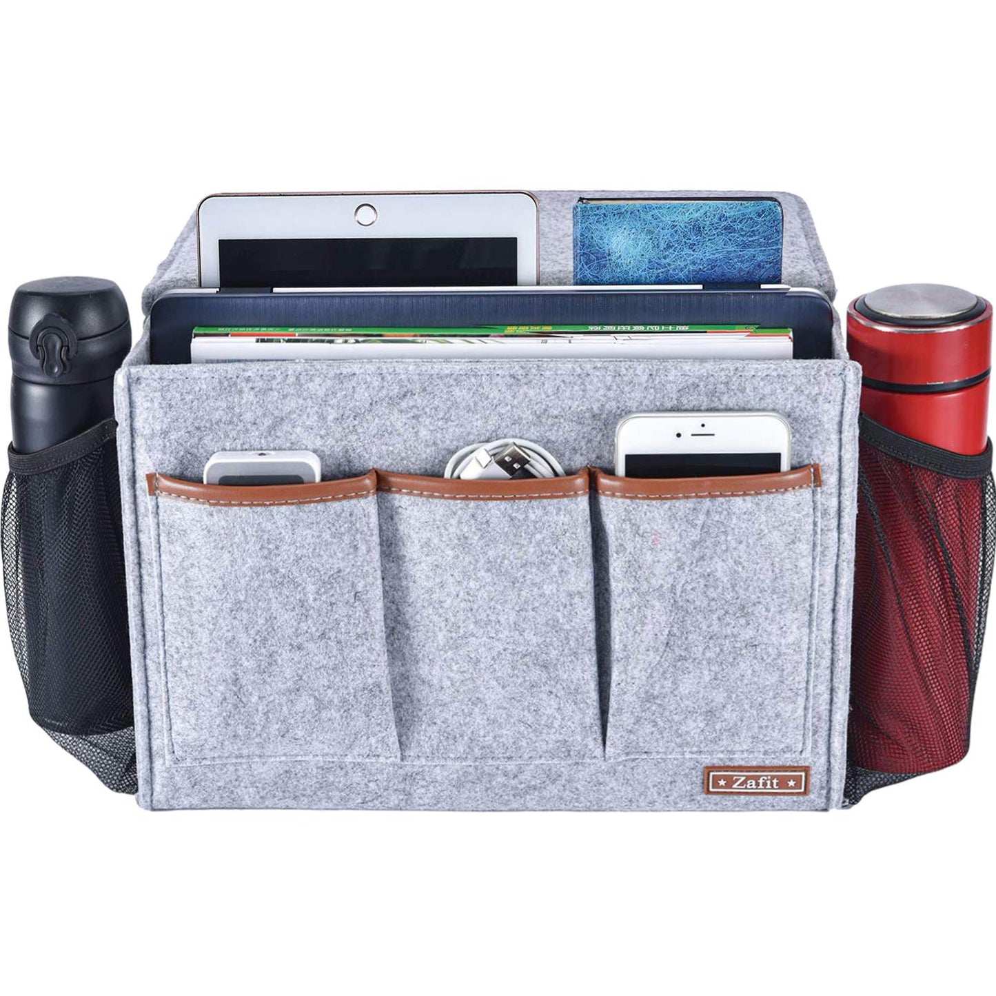 Zafit Bedside Caddy, Large Size Storage Organizer with 8 Pockets - Perfect for Magazine, Remotes, Phone (13.4'' x 18.1'', Light Grey)
