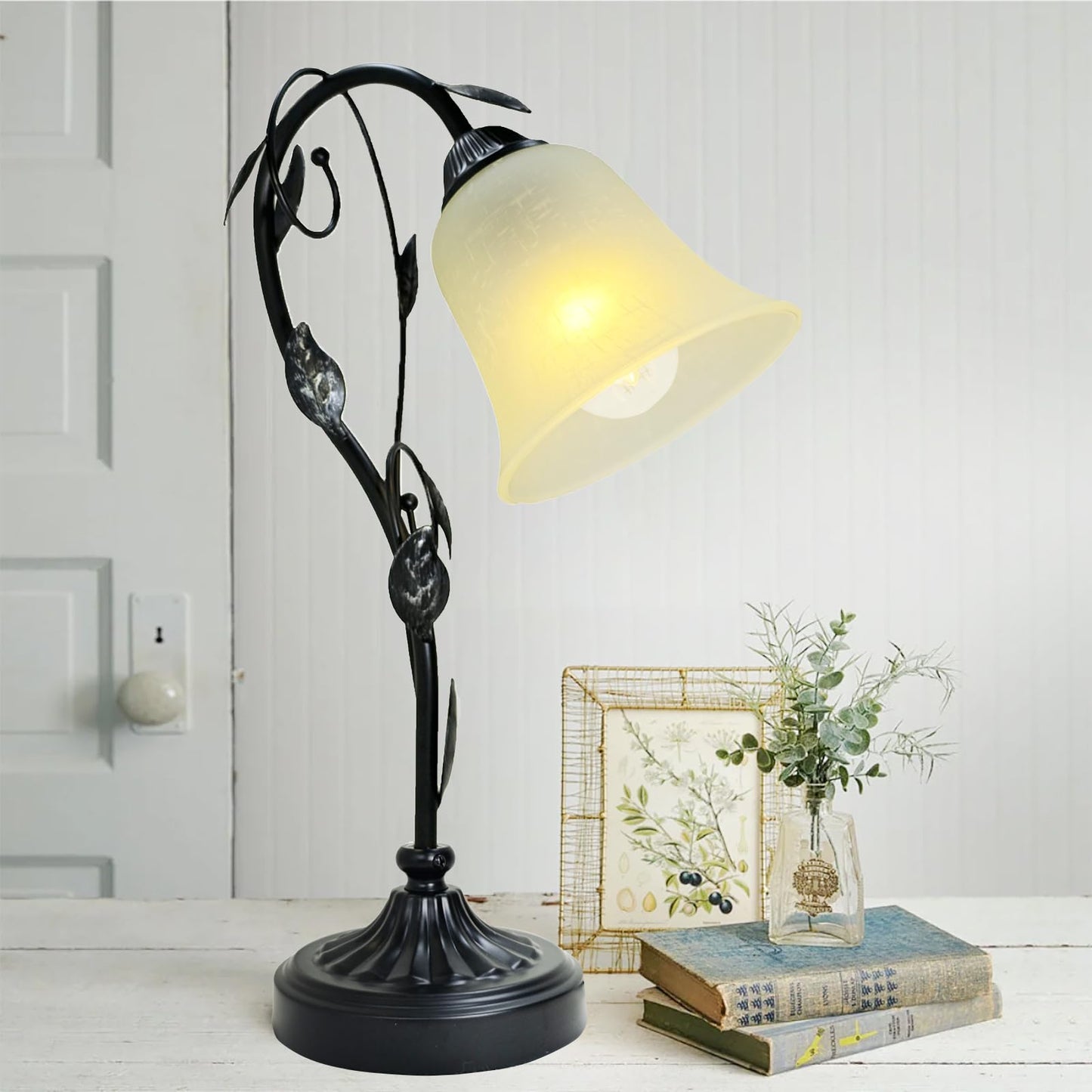 Flashell Touch Table Lamps, Flower Vintage Nightstand Lamp, Rustic Reading Bedside Light, Dimmable Farmhouse Stained Glass Lamp with USB for Bedroom Living Room, E26