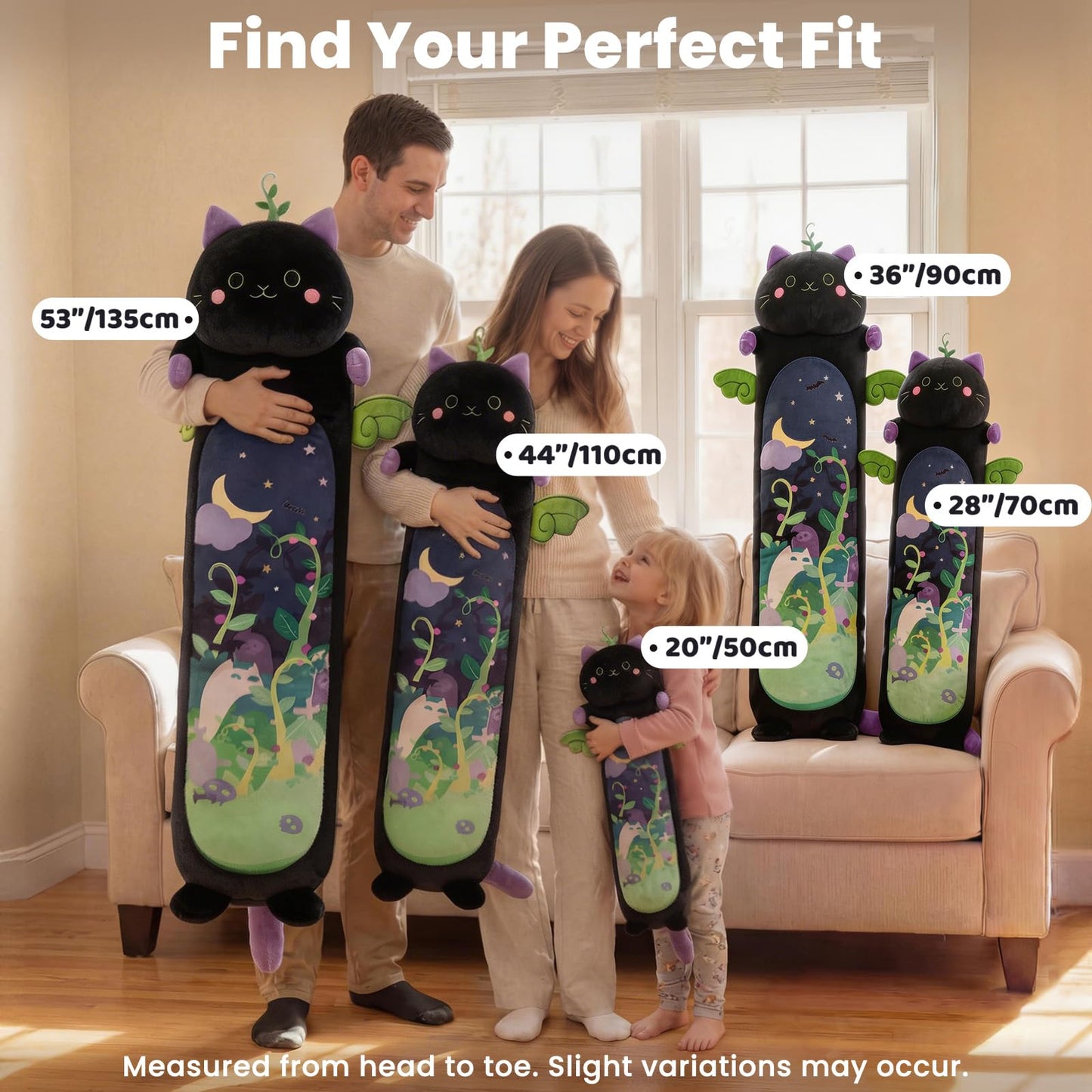 Mewaii Long Cat Plush 5 Sizes, 120% Extra Filling Giant Plushness Kids Body Pillow, Kawaii Cute Black Cat Stuffed Animals Plushies, Big Long Body Pillow Black Cat Plush Gift for Girls 20”