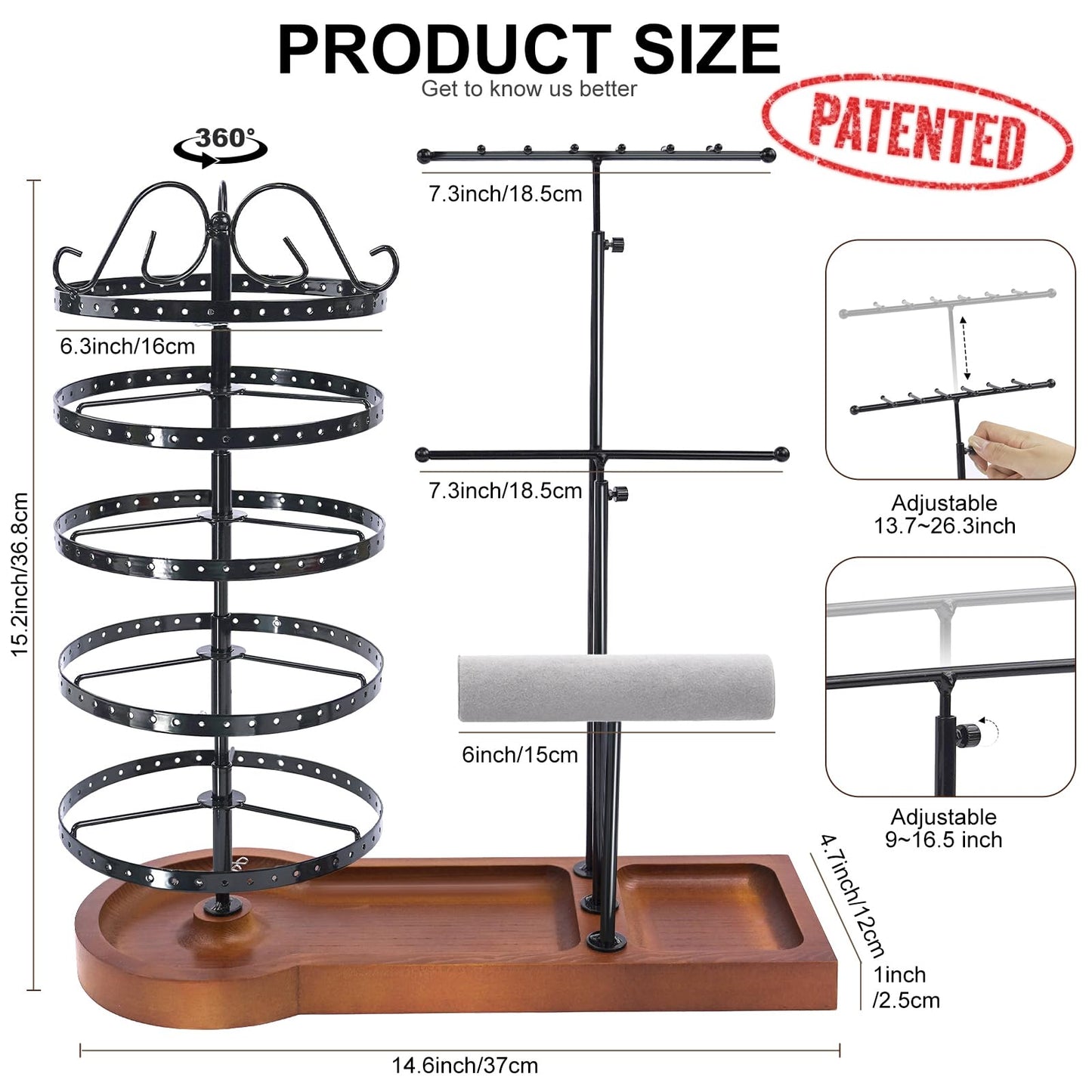 SMFANLIN Jewelry Organizer Stand, Metal Rotating Earring Holder Organizer, Multi-Functional Adjustable Necklace Rack Holder Bracelet Watch Holder for Jewelry Earrings Ring, Black