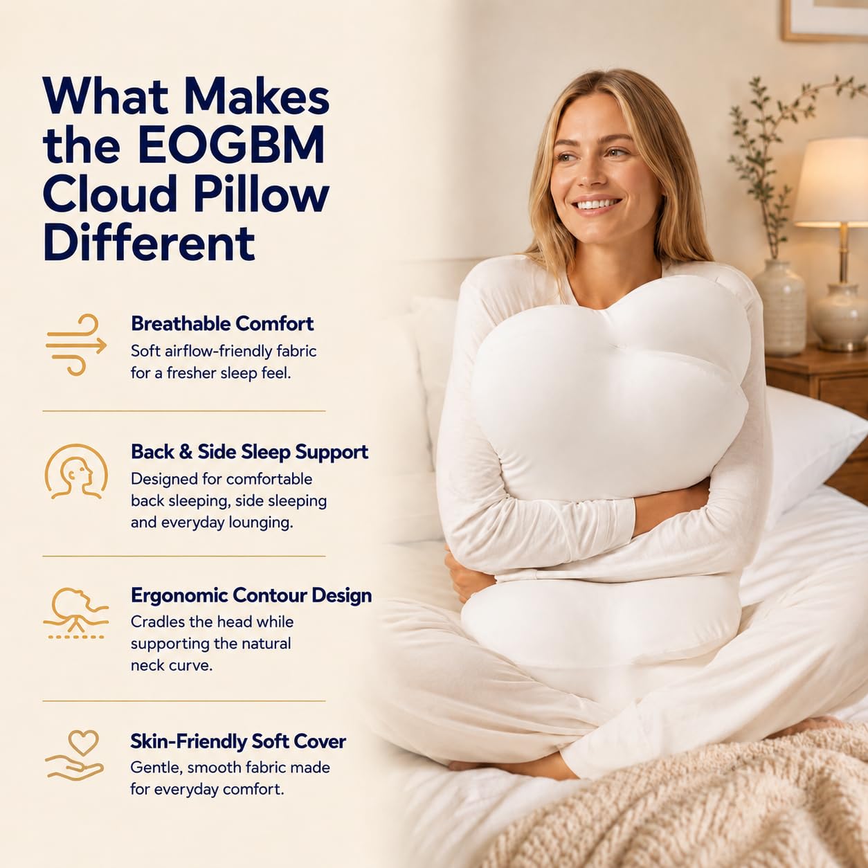 EOGBM Cloud Pillow, Ergonomic Memory Foam Pillow for Side, Back & Stomach Sleepers, Pressure Relief Neck Support Pillow for Head, Neck & Shoulder Comfort, Cooling Breathable Cover (White)