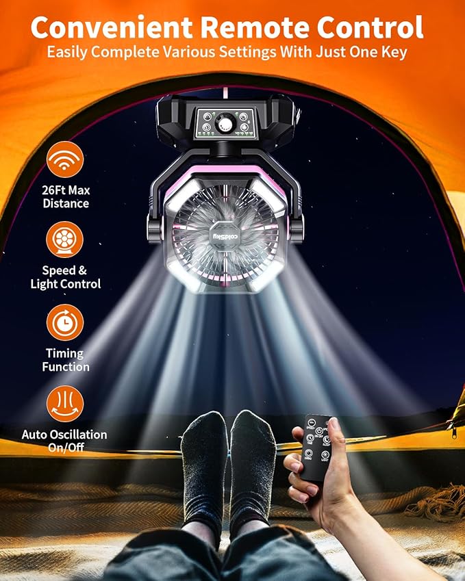 coldSky 𝟮𝟬𝟬𝟬𝟬𝗺𝗔𝗵 Camping Fan with Dual Motor, Battery Operated Fan with 4 LED Lantern, 8 Speeds Desk Fan with Remote, Portable Outdoor Fan with Hook for Tent, Power Outages, Jobsite (Pink)