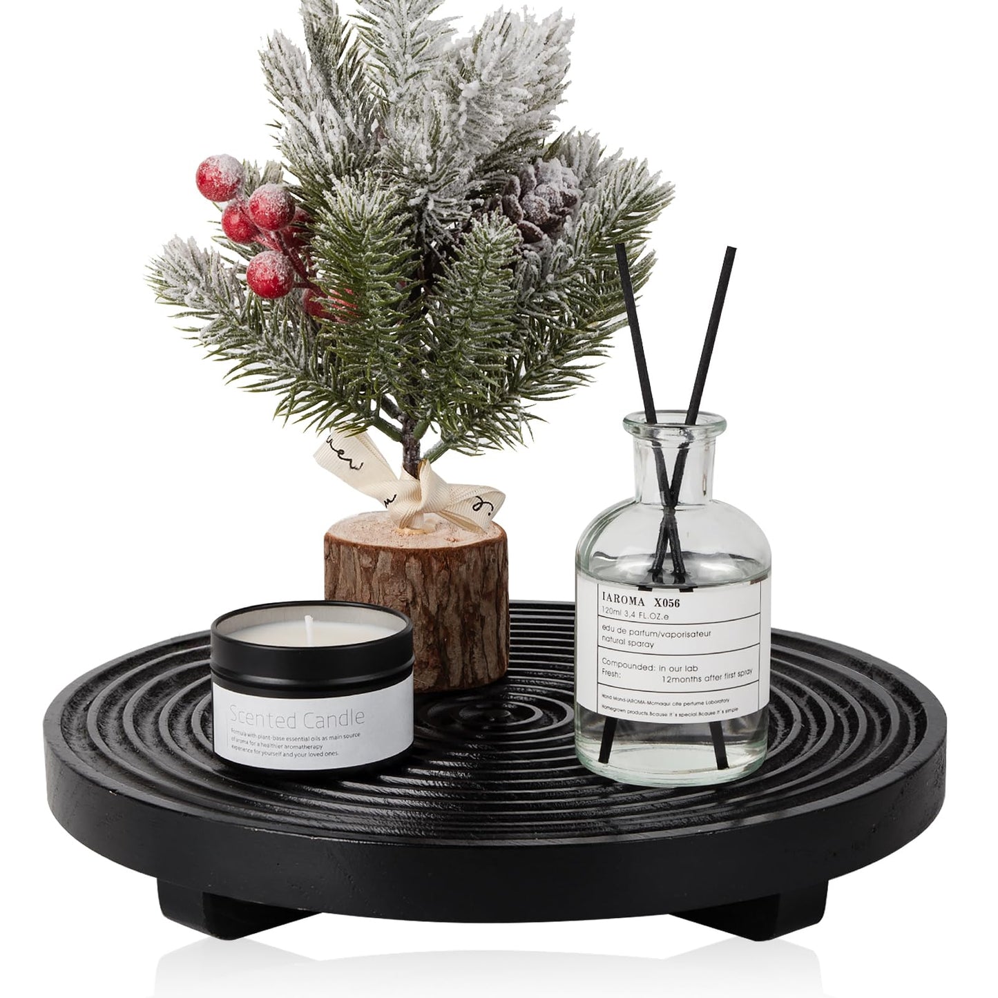 Round Decorative Tray Farmhouse Bathroom Decor Wood Riser Kitchen Countertop Organizer for Perfume, Candle, Plant, 9 inch Black