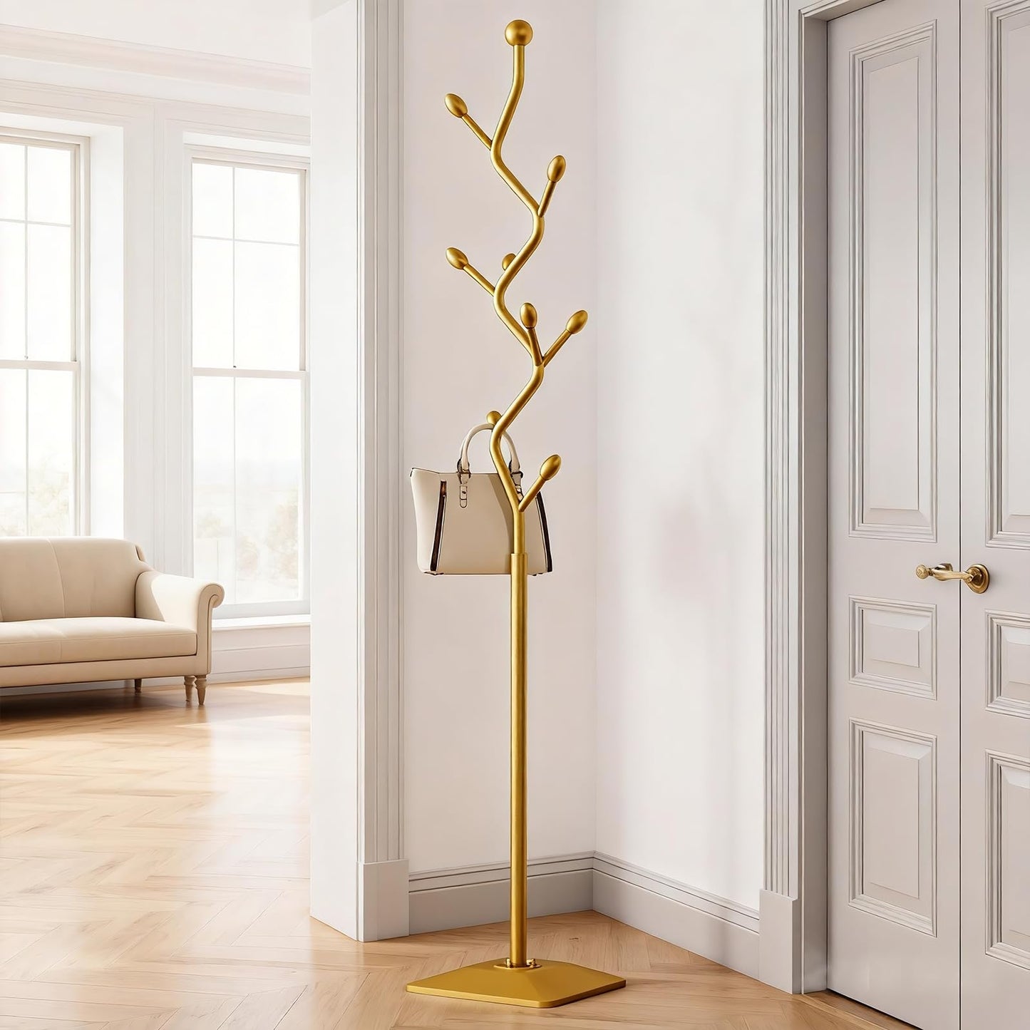 ZEYEXE Gold coat rack,Coat Tree Freestanding heavy duty with 8 Hooks and Sturdy Metal Base for Coat Hats Purses,Tree-shaped Coat Stand for Entryway,Bedroom