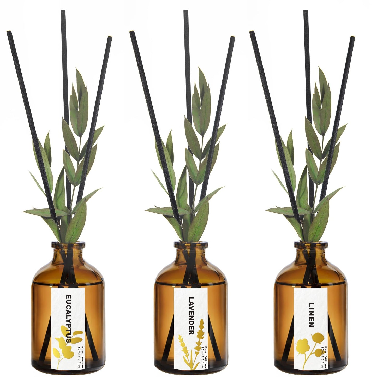 Reed Diffuser Set of 3, Eucalyptus, Linen & Lavender Scented Oil Diffusers with 15 Reeds, Long-Lasting Home Fragrance for Bedroom & Bathroom Decor, 1.7 fl oz Each, Total 5.1 oz