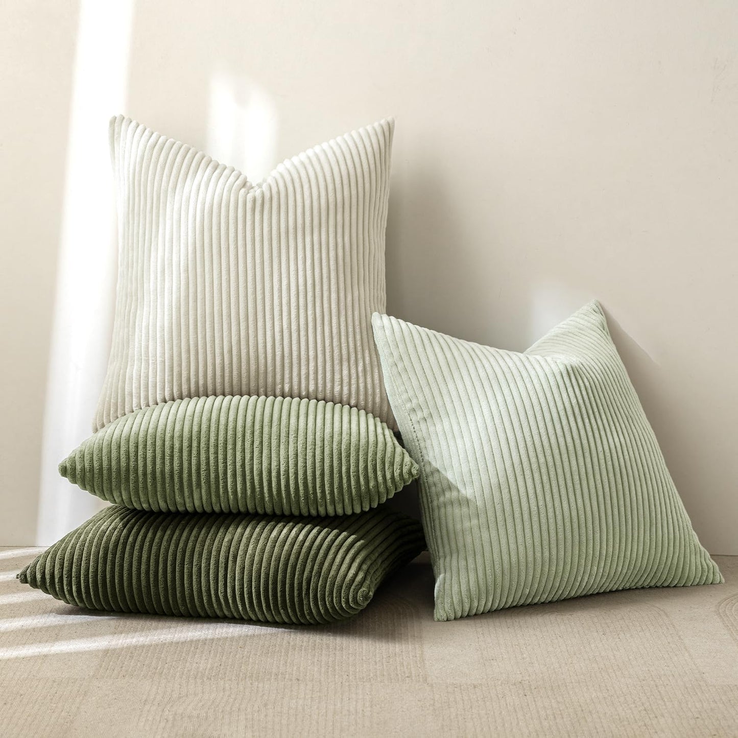 MIULEE Boho Farmhouse Throw Pillow Covers 20x20 Inch Set of 4 Mordern Neutral Green Cushion Covers Soft Corduroy Nordic Home Decor for Spring Couch Bed Sofa Living Room Green-White