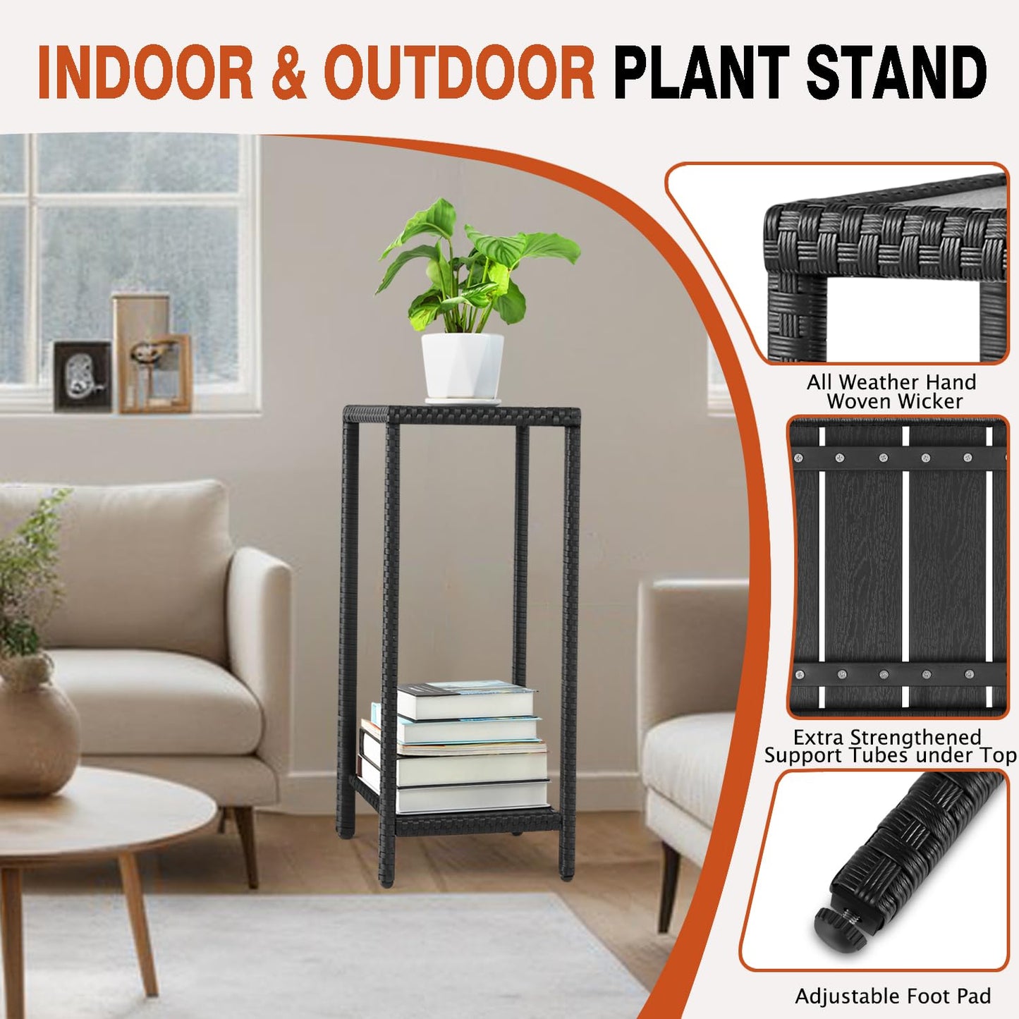Outdoor Plant Stand for Patio 2 Tier Plant Stand Shelf with Wicker Poly Lumber Flower Pot Plant Stand Holder 31" Tall Corner Plant Display Rack with Adjustable Feet Heavy Duty for Balcony Garden Black