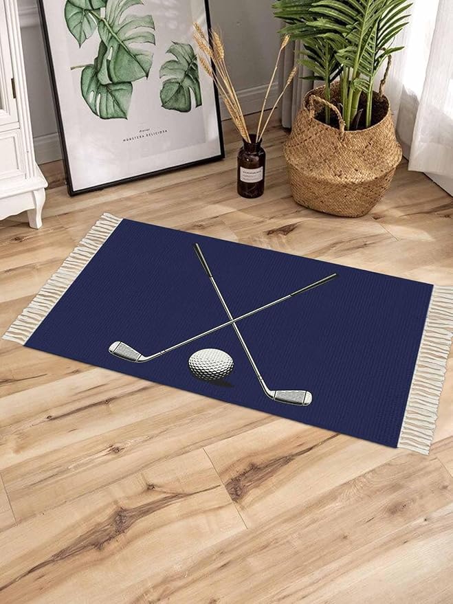 Navy Blue Large Runner Rug 4X6 Ft Living Room Area Rug, Washable Woven Sports Golf Ball Throw Carpet with Tassel, Non-Shedding Modern Minimalist Art Bedroom Office Carpets
