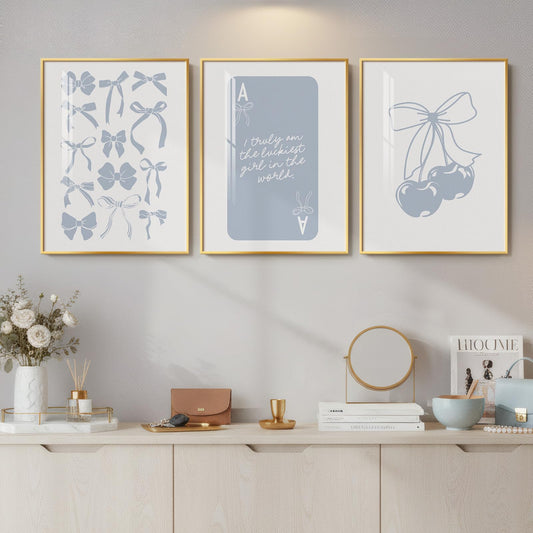 Framed Preppy Blue Wall Art for Room Decor, 3 Piece Bow Cherry Girly Artwork for Walls, Cute Aesthetic Blue Canvas Prints for Girls Bedroom Living Room Girly Room Apartment Wall Decor, 12x16 Inch