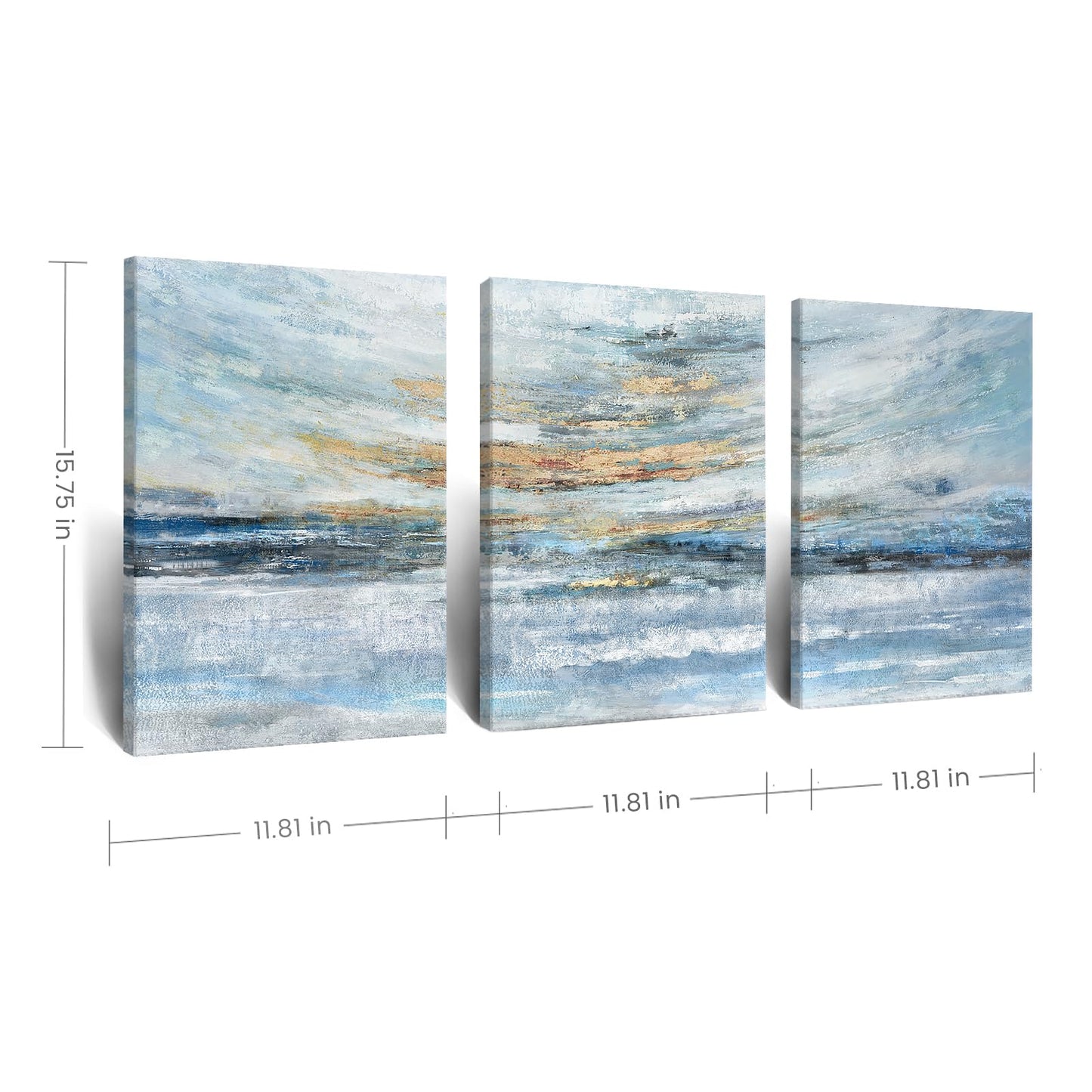 Abstract Canvas Wall Art for Bedroom 3 Piece Ocean Painting Coastal Theme Artwork Blue and Yellow Sunset & Sunrise on the Beach Seascape Picture for Bathroom Living Room Light 12x16inchx3 panel