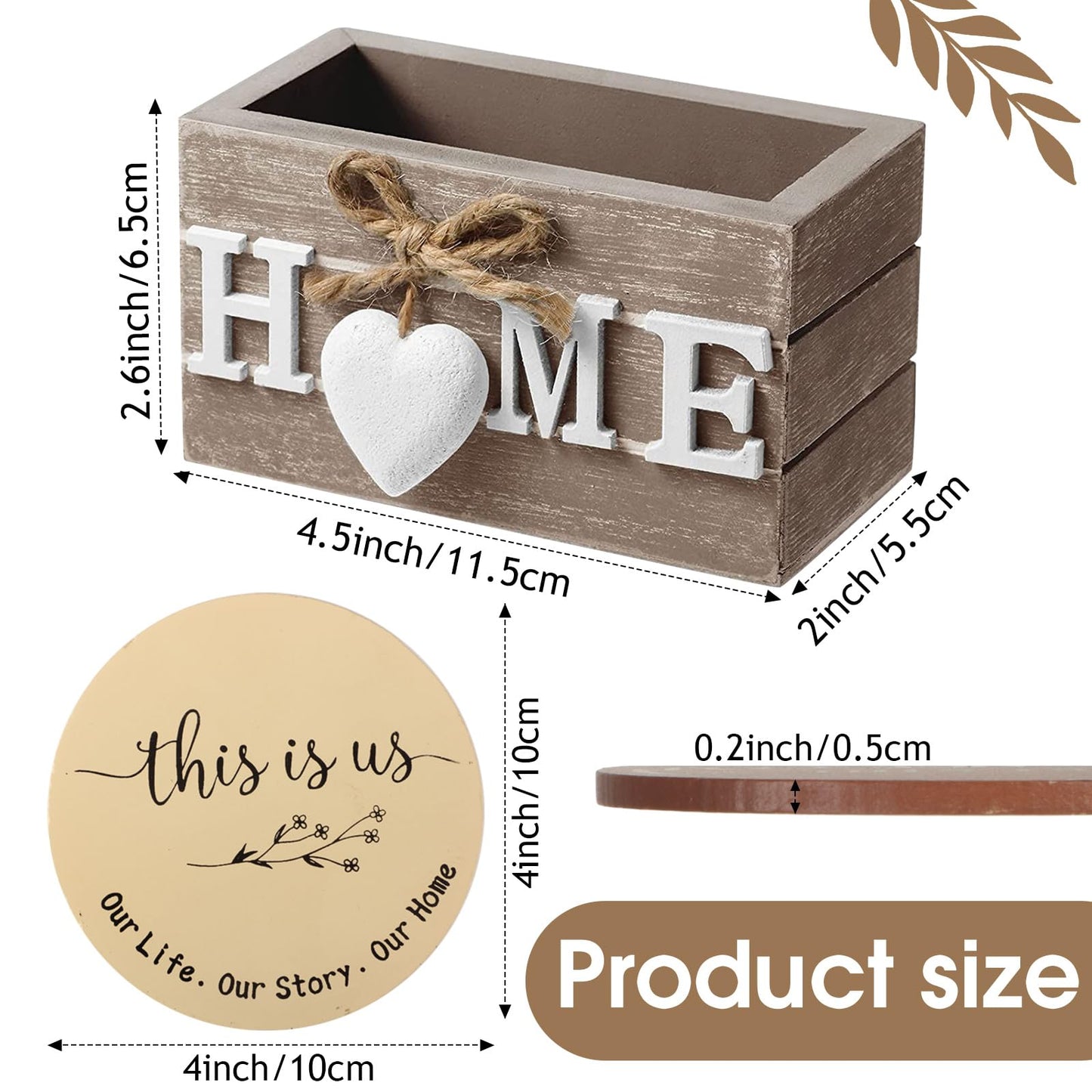 Queekay Coasters Set of 6 House Warming Gifts New Home Wooden Farmhouse Drink Coasters with Holder 4'' Funny Decoration for Kitchen Family Coffee Bar Tabletop Protection(Brown)