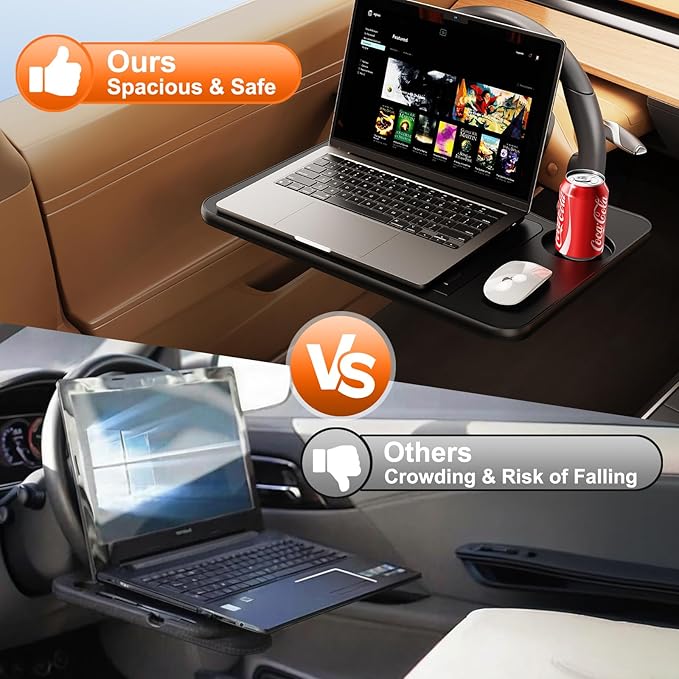 Fumcsy Angle Adjustable Car Steering Wheel Desk,3 in 1 Car Steering Wheel Tray,Car Laptop Mount | Car Reading Stand | Car Food Tray with Drinks Holder, Multipurpose Travel Car Accessories