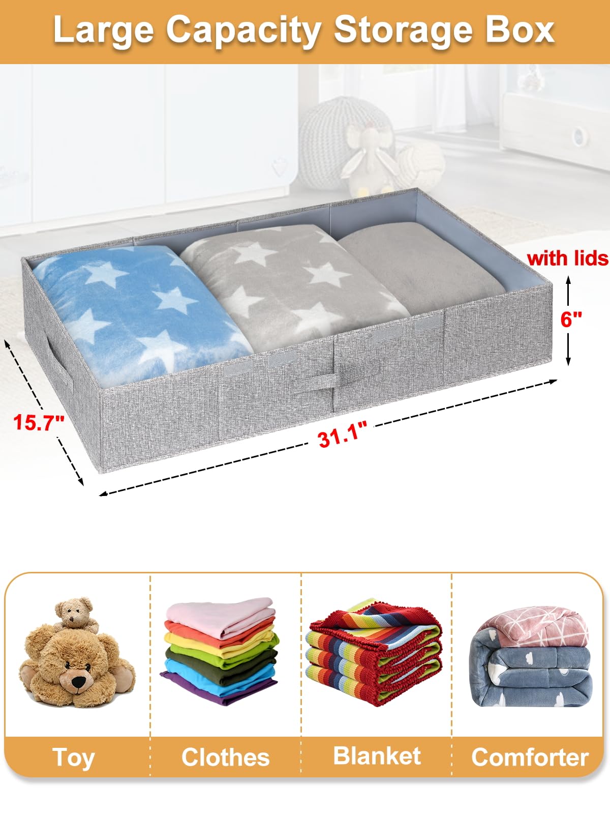 punemi Under Bed Storage With Lids, 2 Pack Large Underbed Storage Containers Clothes W/ 3 Handles, Foldable Low Profile Stackable Drawer Organizer Bins Box for Blanket Shoe Bedroom, 31.1*15.7*6inch