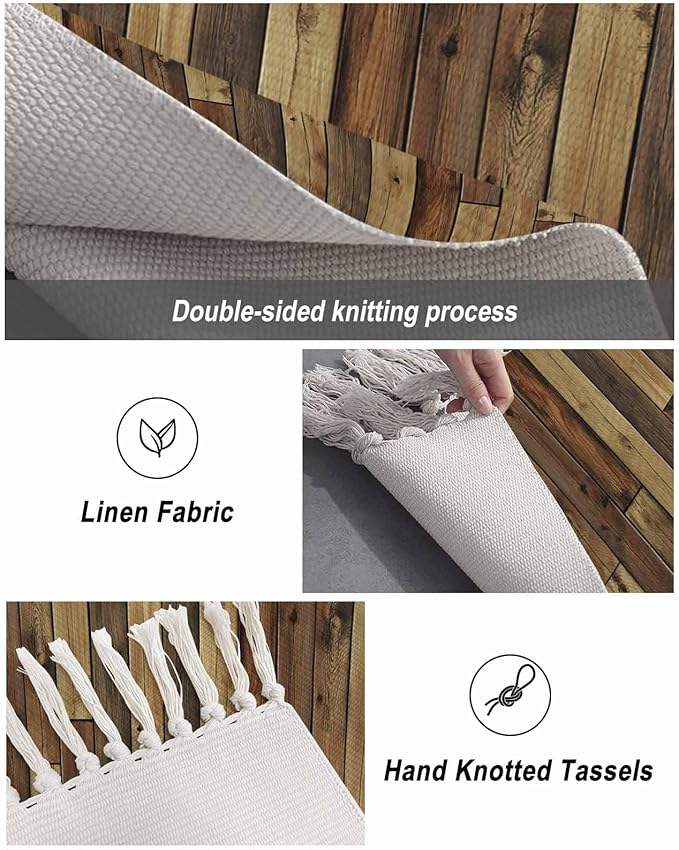 Brown Large Runner Rug 4X6 Ft Living Room Area Rug, Washable Woven Vintage Country Wooden Grain Throw Carpet with Tassel, Non-Shedding Farmhouse Cabin Retro Plank Stitching Art Bedroom Office Carpets