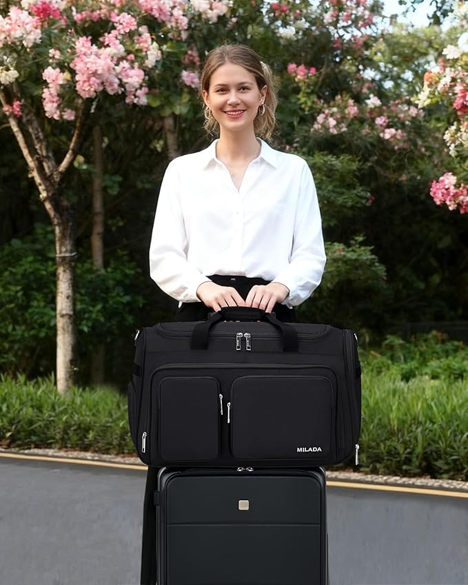 MILADA Carry On Luggage Bags for Travel Large Foldable Duffle Bag for Travel Lightweight Personal Bags for Airplanes Weekend Overnight Bags for Women Mens Travel Bag, Black